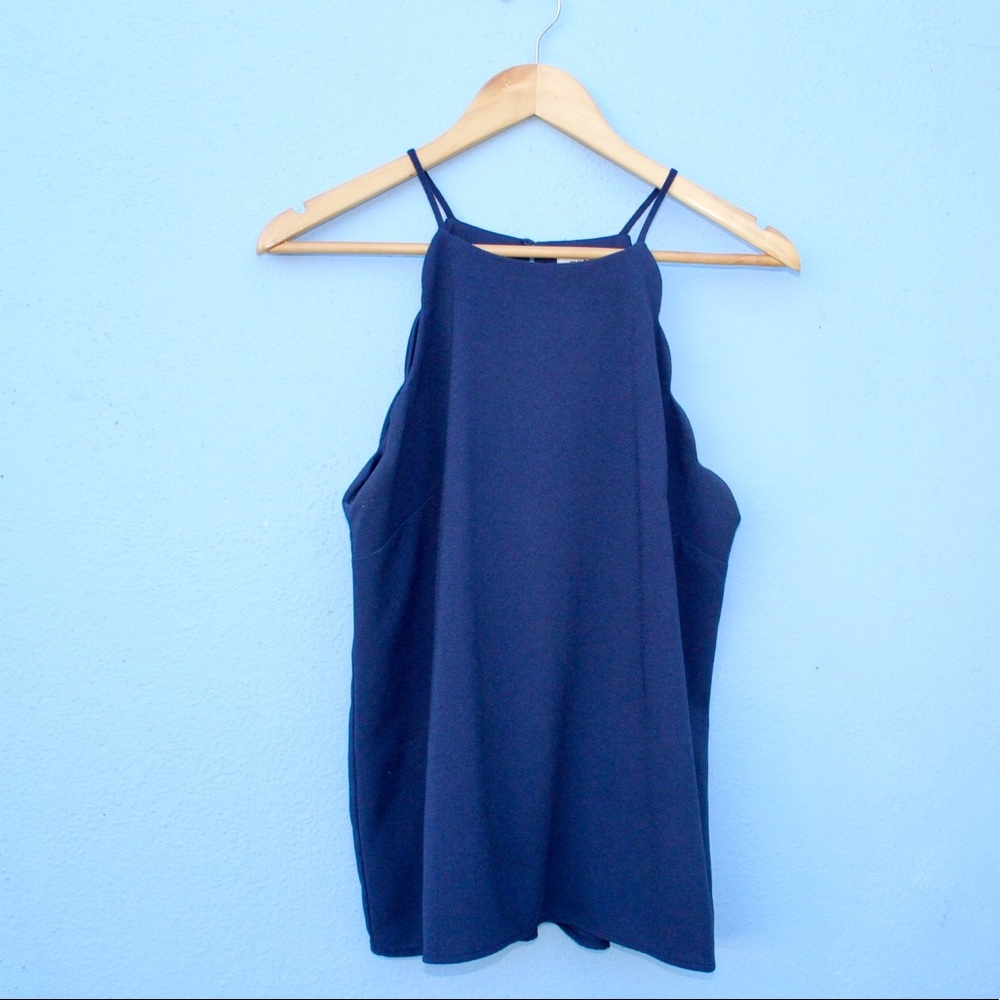 High neck, sleeveless, navy blue top